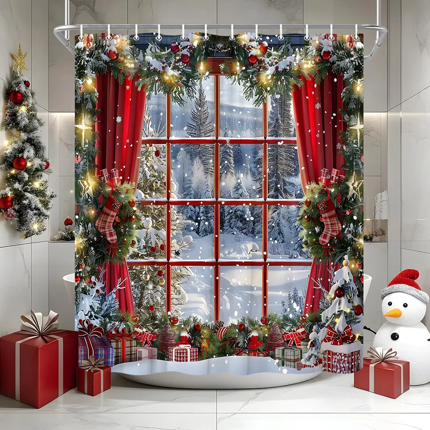 

Занавеска для душа с Рождеством, зимний рождественский венок, снежная сцена, снежинка, деревенский лес, фермерский дом, праздник, Новый год, окно, ванная комната