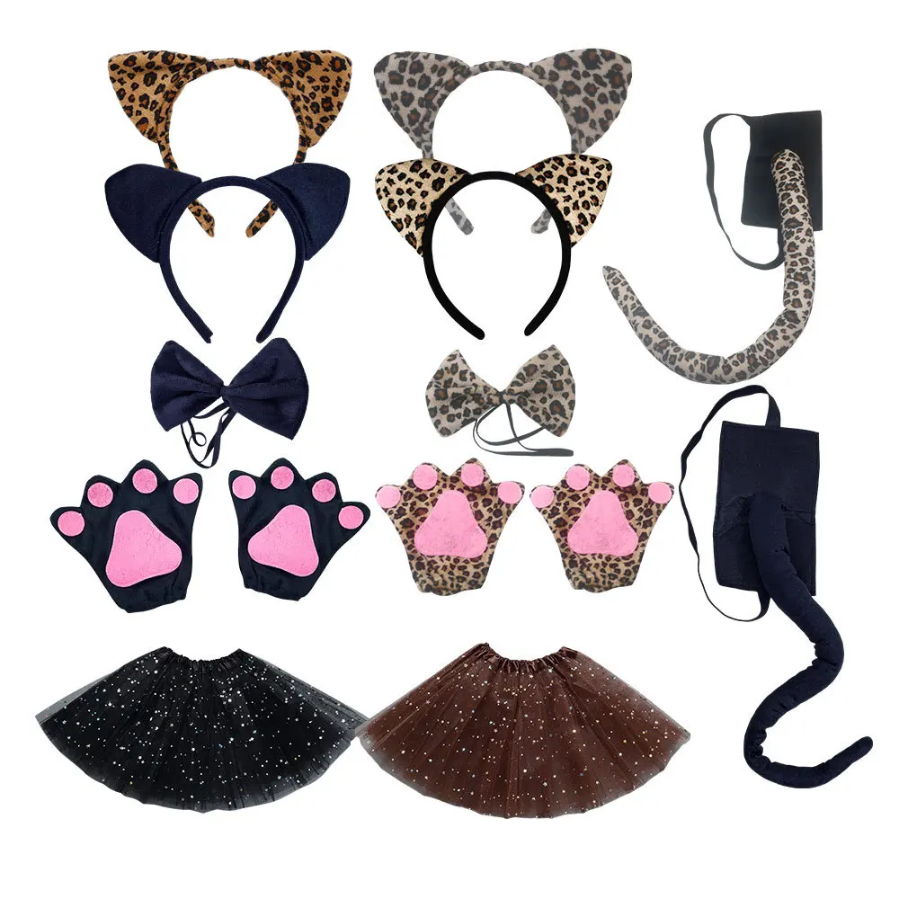 Halloween Anime Girls Adult Children Cat Ears Cute Plush Funny Animal Leopard Cheetah Costume Props Nose Tail Headband Skirt