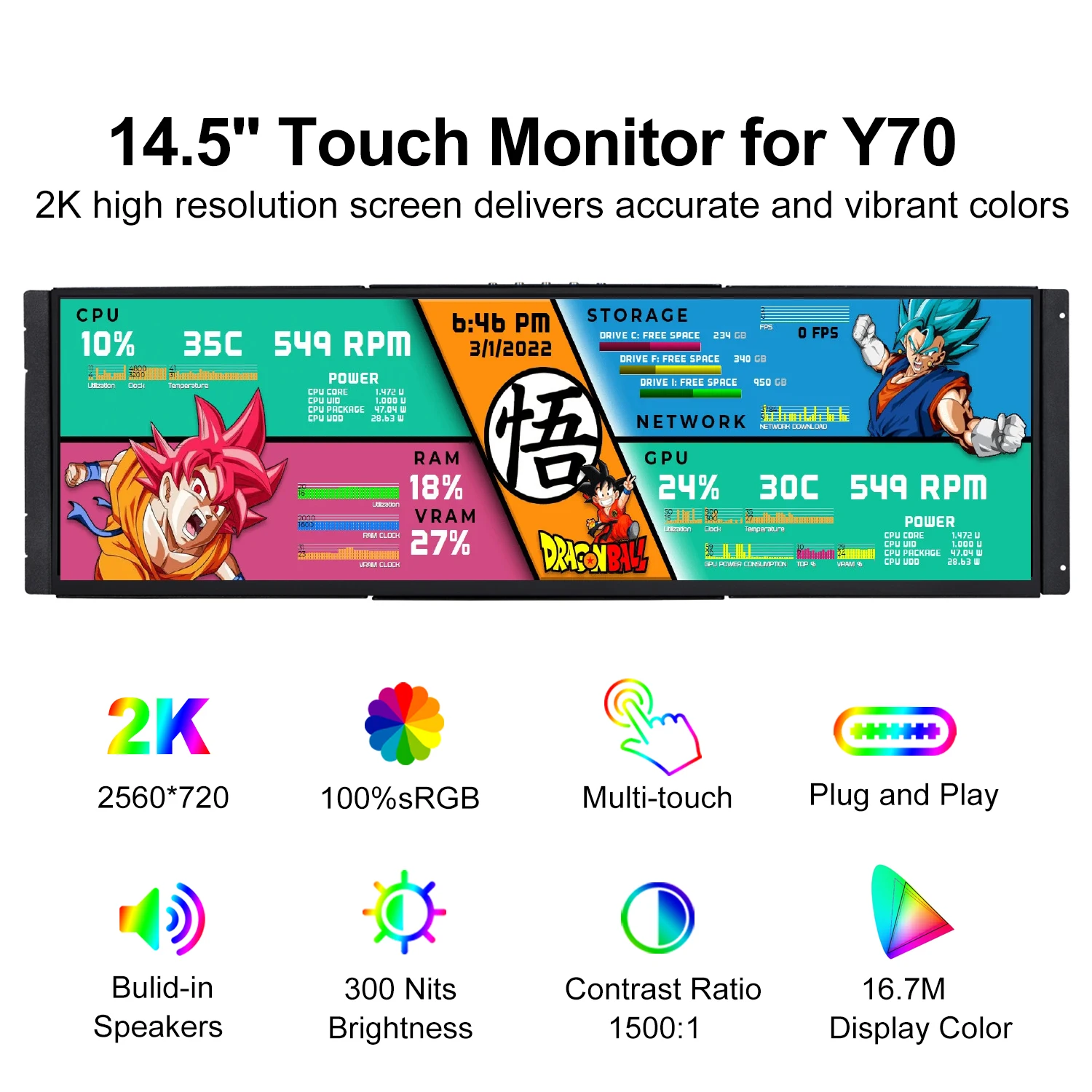 Newest 14.5 inch 2560*720 Portable Touch Monitor CPU GPU Temperature Display for Y70 PC Case Auxiliary Aquarium Monitoring