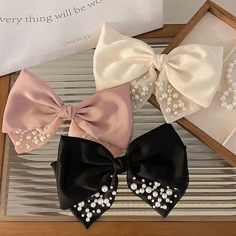 Light Luxury Double-layer Pearl Bow Hair Accessory Feminine Temperament French Bow Spring Clip