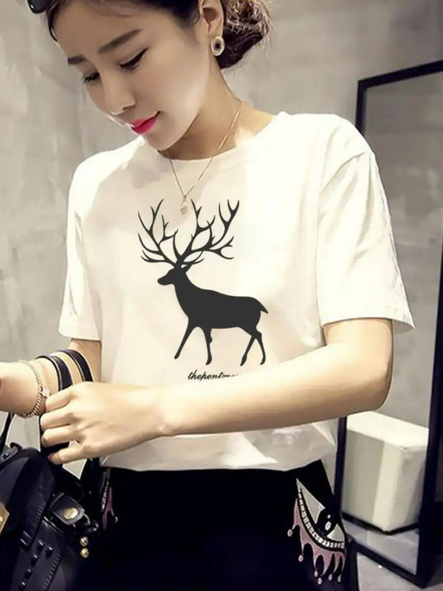 Loose Summer Short Sleeve T-Shirt Women's Base Layer Swallow Pattern Korean Style round Neck Print Top for Students