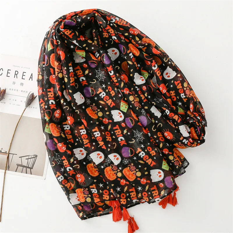 Kyqiao Halloween scarf trick or treat letters printed designer scarf women's winter scarf luxury brands neck warmer