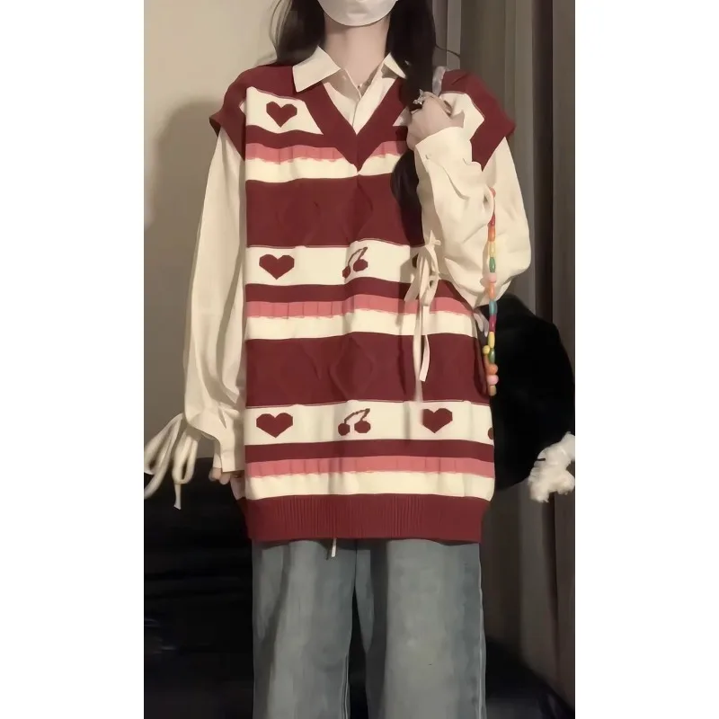 

Japanese collegiate style love knitted vest vest women's autumn outer layer shirt two-piece top