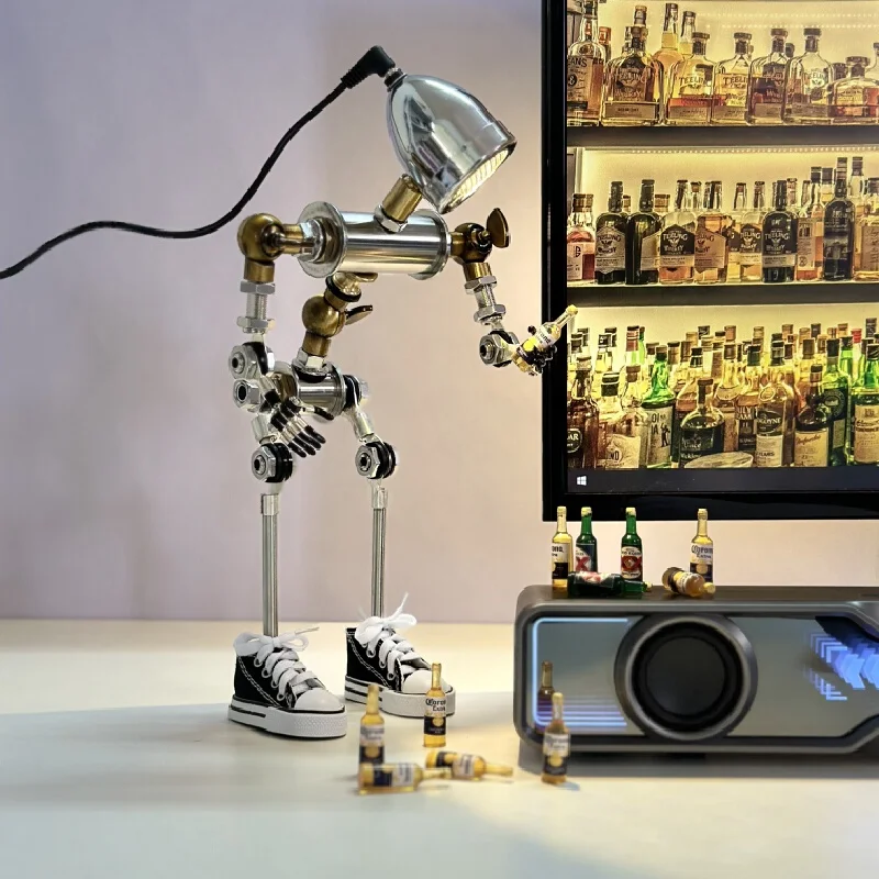 Vintage Punk Robot Table Lamp Steampunk Metal Desktop Ornament Warm Light Home Decor Gift For Men Boyfriend Valentine Birthday