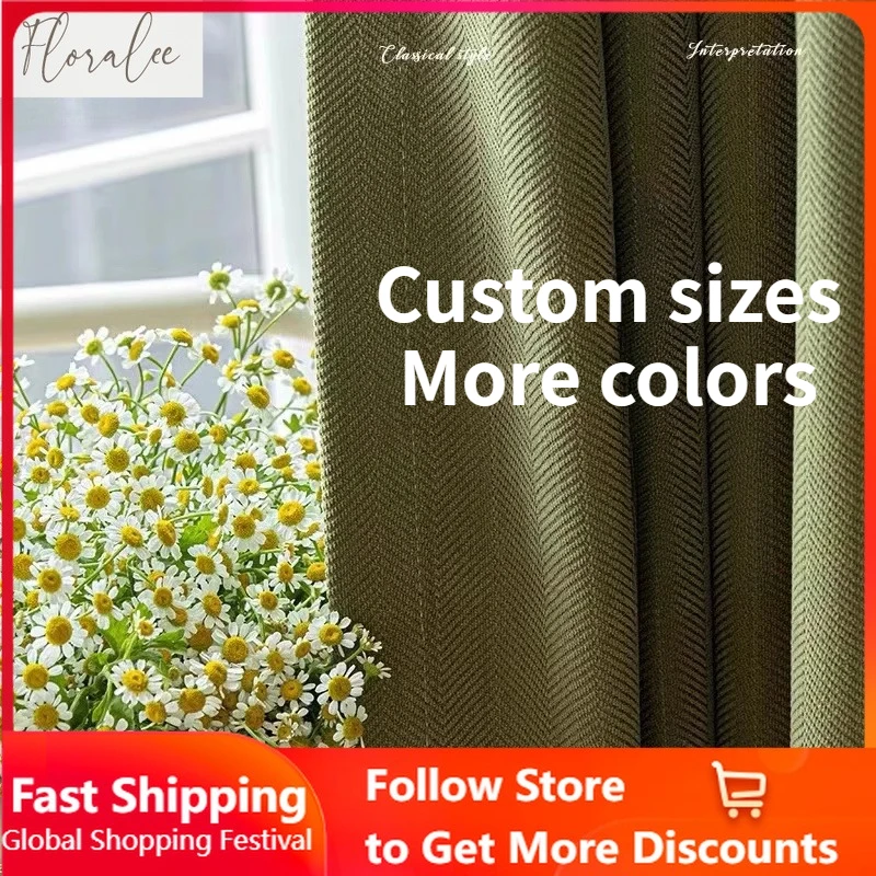 Custom Size Herringbone Pattern Olive Green Chenille Curtains for Living Room Bedroom Blackout Luxury Window White Tulle Drape