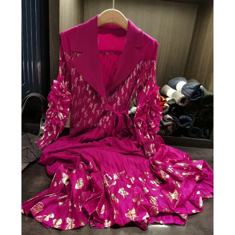 

Плиссированные платья Miyake, элегантное плиссированное платье премиум-класса с рукавами-фонариками, горячее золотое платье со складками и талией, тонкий костюм с вырезом, женские платья