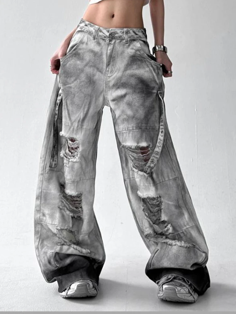 

Женские рваные джинсы с принтом тай-дай, женские широкие брюки в стиле почвы, летняя свободная рабочая одежда, джинсовые винтажные брюки в стиле ретро