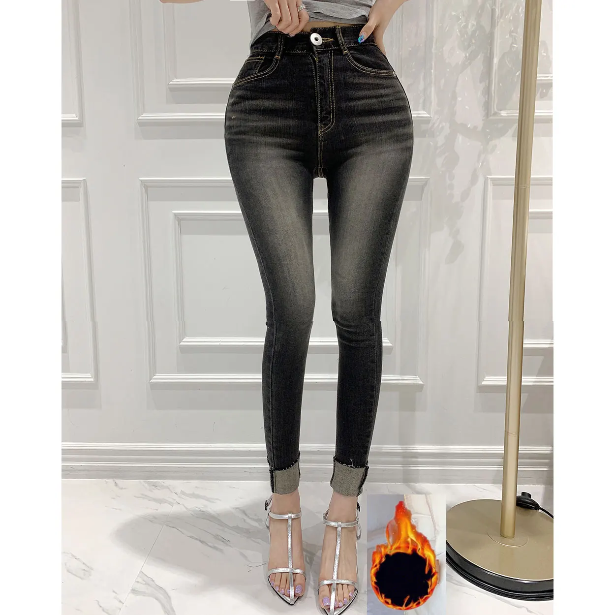 

Флисовые облегающие джинсы с высокой талией, женские джинсовые брюки с талией в стиле ретро, хлопковая эластичная ткань, весенне-осенний сезон, модный тренд