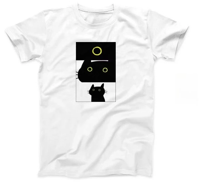 Cute Abstract Black Cat T Shirt Minimalist Block Cat Design Short-sleeved Tee Aesthetic Casual Versatile Top for Women/Girls