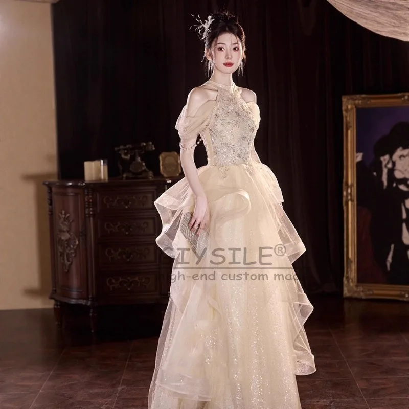GIYSILE Abito da sera dignitoso alla moda con collo champagne personalizzato 2025 Nuovi abiti da festa soffici da principessa con nappa a flusso di perle