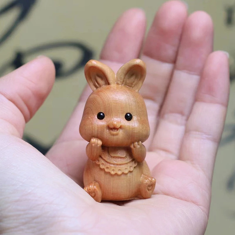 Mini Wood Carving Easter Rabbit Ornaments Zodiac Statue Cute Rabbit Animal Decor Office Desktop Decor Car Decoration Party Gift