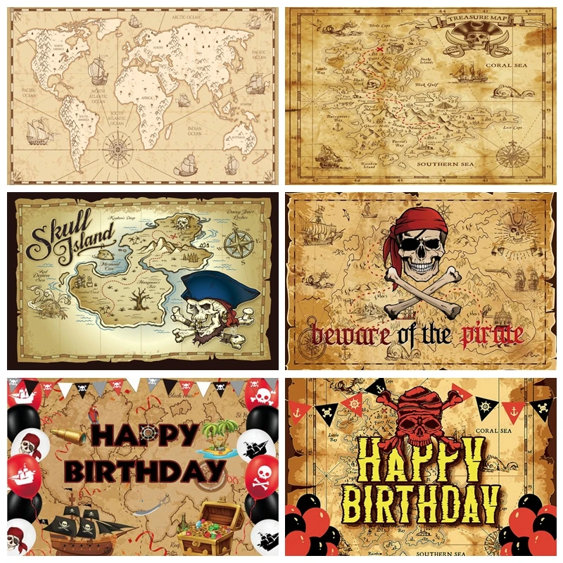 Vintage World Map Photography Backdrop Nautical Pirate Ship Treasure Compass Baby kids Birthday Party Portrait Background Props