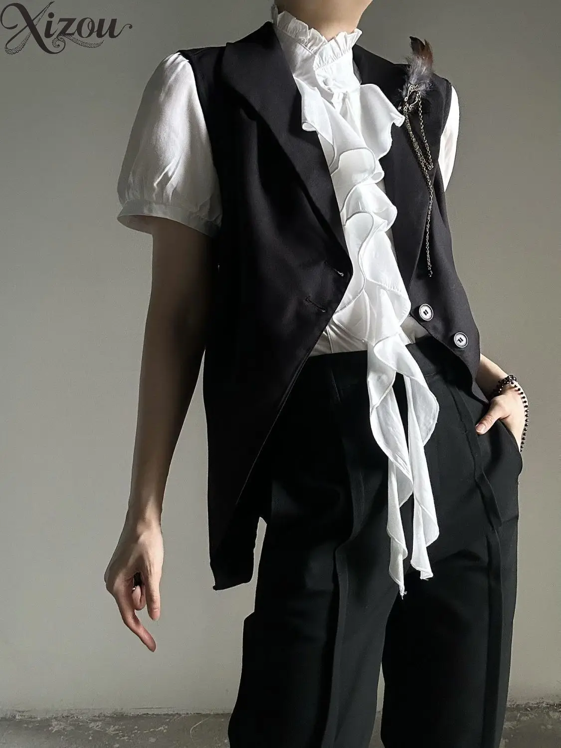 Vintage Court Style Three Piece Outfit Ruffle Shirt Waistcoat Straight Pants Neutral Gothic Prince Lolita Suit Spring Autumn