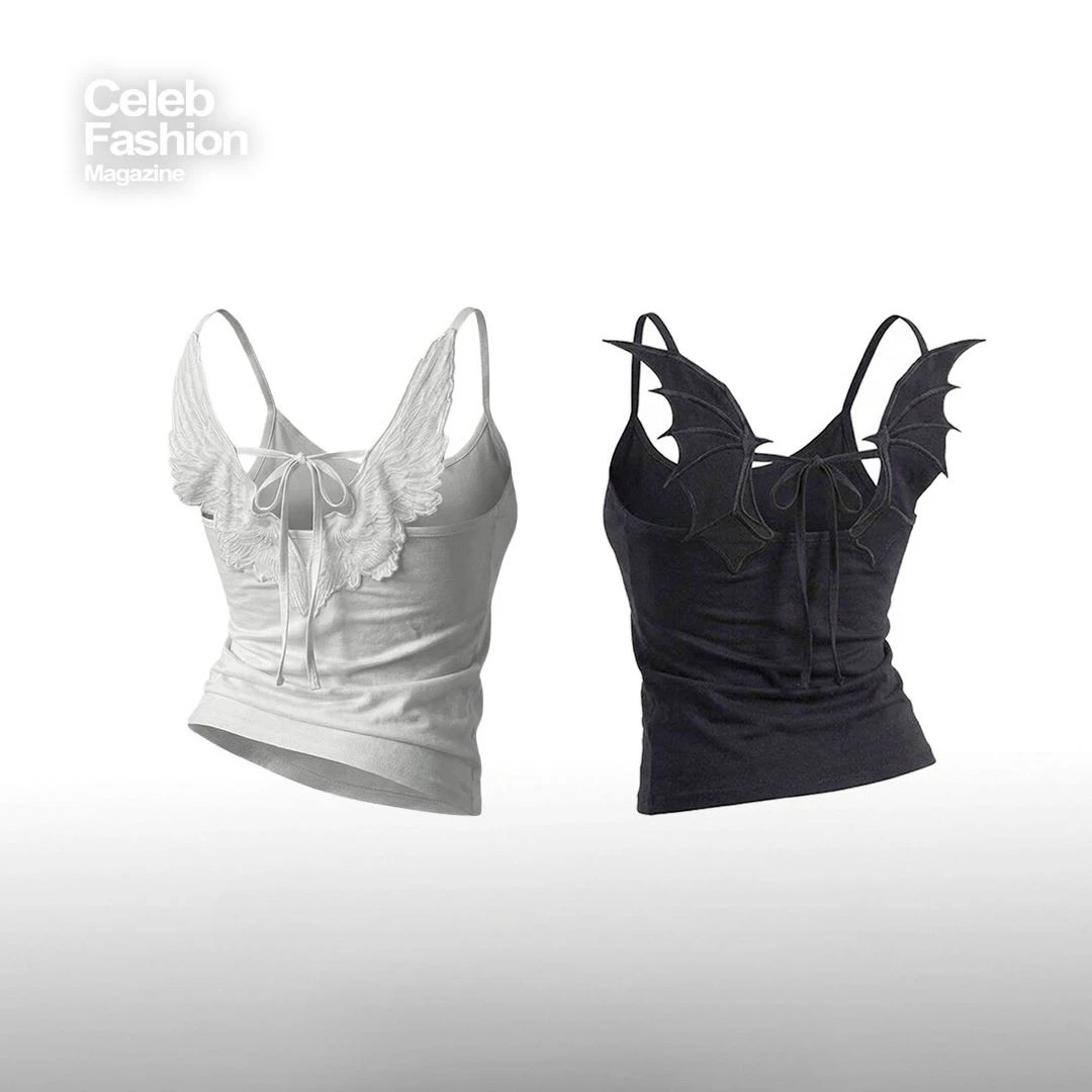 Y2K Spaghetti Womens Demon Angel Wing Tank Top Backless Cami Top Goth Strap Tie Back Fitted Streetwear Clubwear Hot Girl Outfit