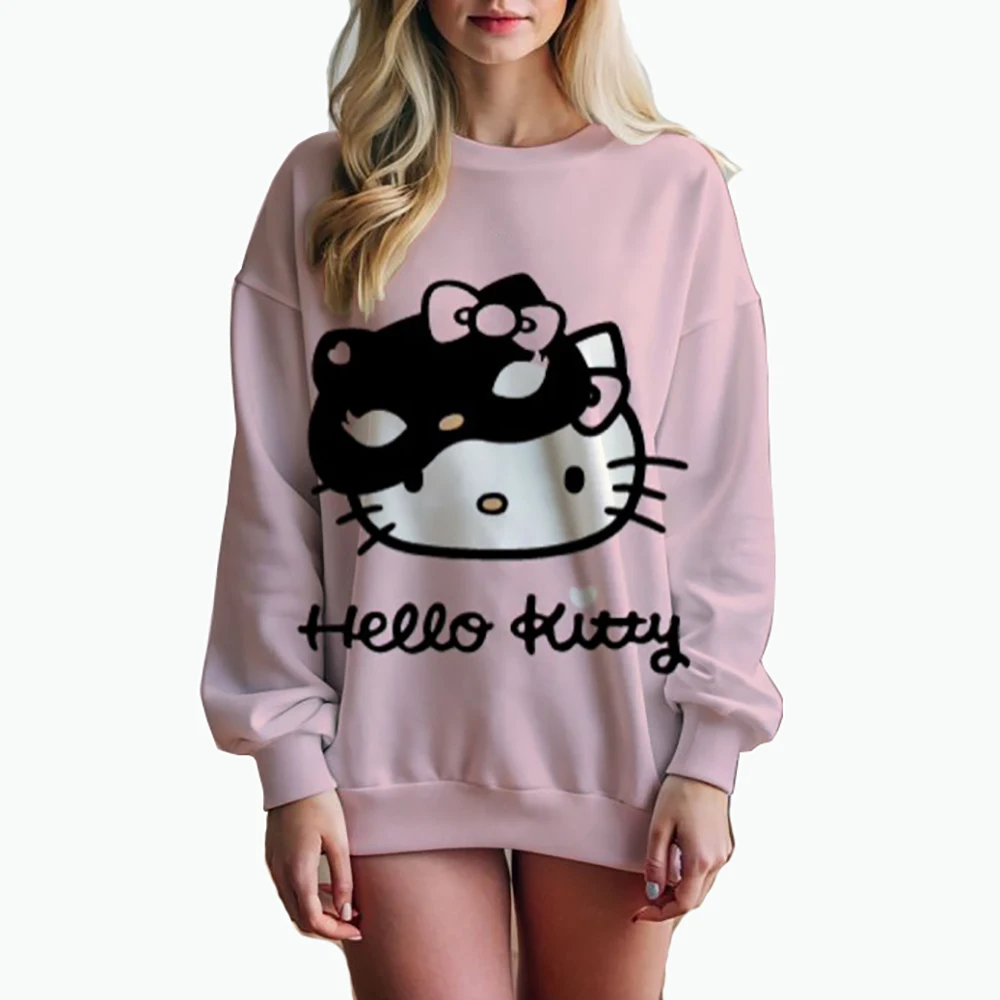 Women\'s Hello Kitty Printed Sweatshirt, High Street Women\'s Hoodie, Y2K Pattern Clothing, Casual Round Neck Sweater