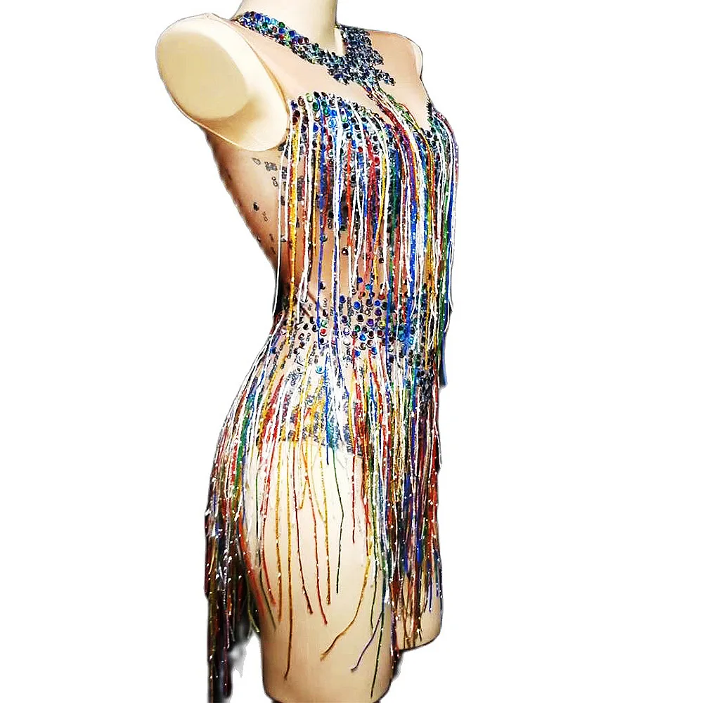 Sparkling Colored Rhinestones Fringes Women Bodysuits Nightclub Pile Dancing Costumes Singer Dancer Performance Stage Wear