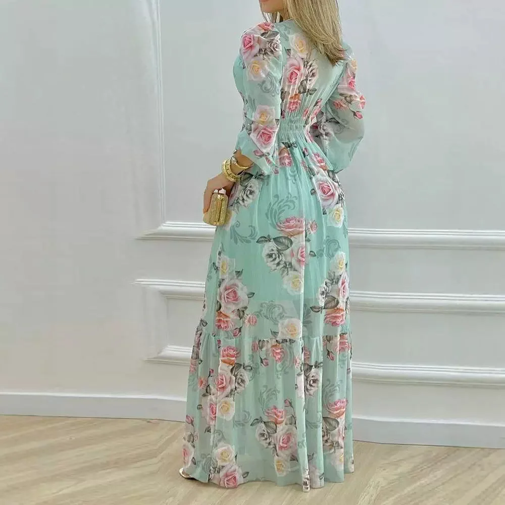 

Women Floral Floral Print Ruffles High Waist Long Loose Maxi Dress Full Length Dress Deep V Neck Sexy