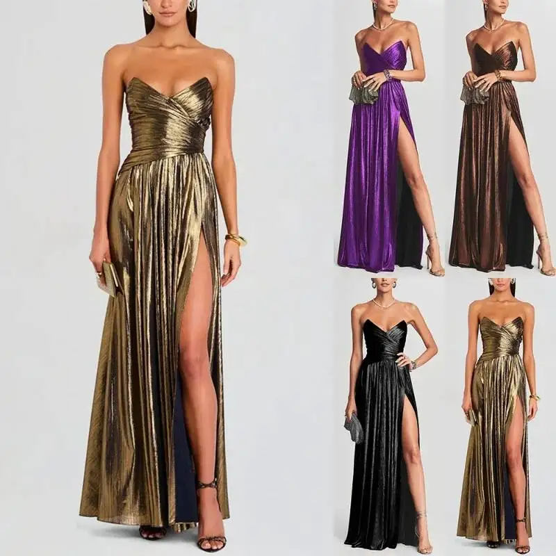 

Luxury Women Corset Evening Cocktail Dress Elegant Metallic Off Shoulder V Neck Folds Slit Gala Graduation Long Dress Prom Gown