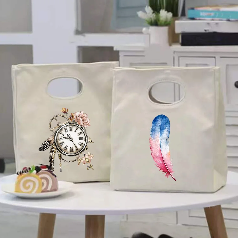 

Portable Lunch Bag Thermal Insulated Lunch Box Tote Office Cooler Bento Pouch Lunch Container Feather Print Food Storage Handbag