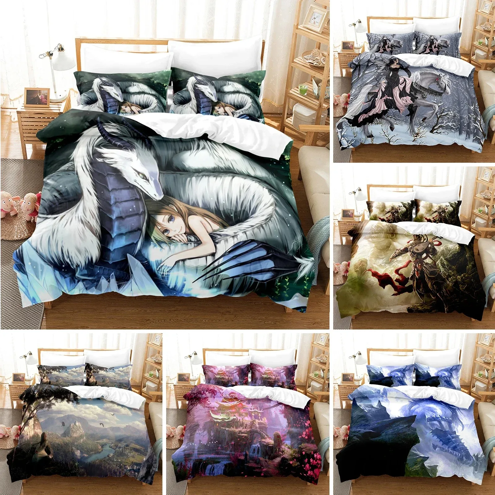 3D printed Fantasy witch dragon Alien world Bedding Set Down Quilt Cover with Pillowcase Double Complete Queen King Bedding 014