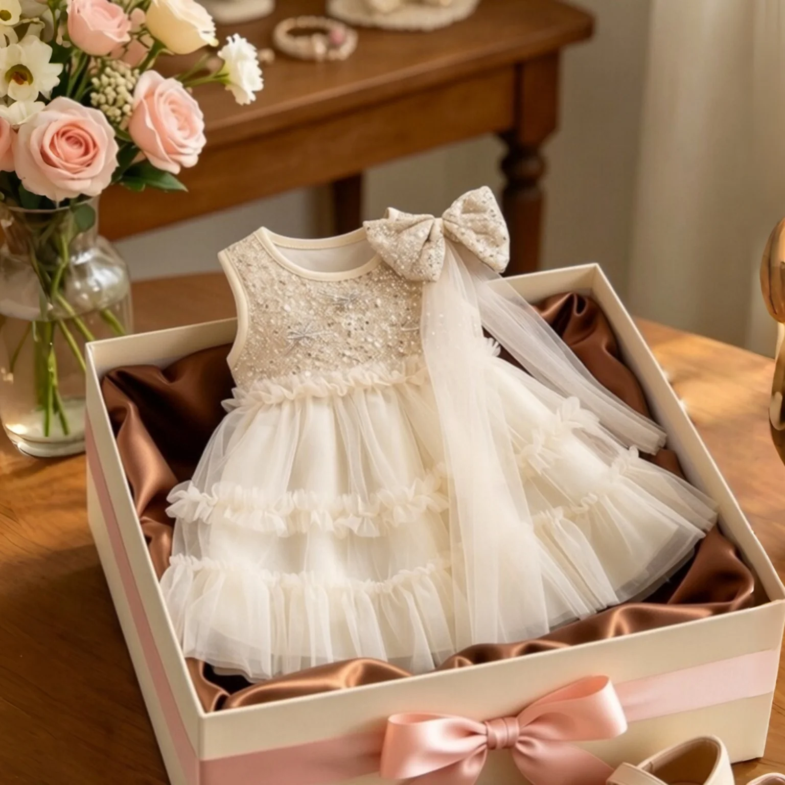 Baby Girl Dress Summer Sweet Bow Hair Accessory  Tutu Princess Dress Birthday Party Dress Children'S Clothing 9 Months -4 Years
