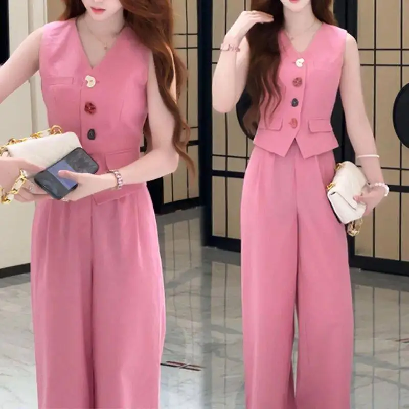 Age Reducing Casual Women's Set Summer New Slim Fit Tank Top Solid Color Wide Leg Pants Two-piece Set