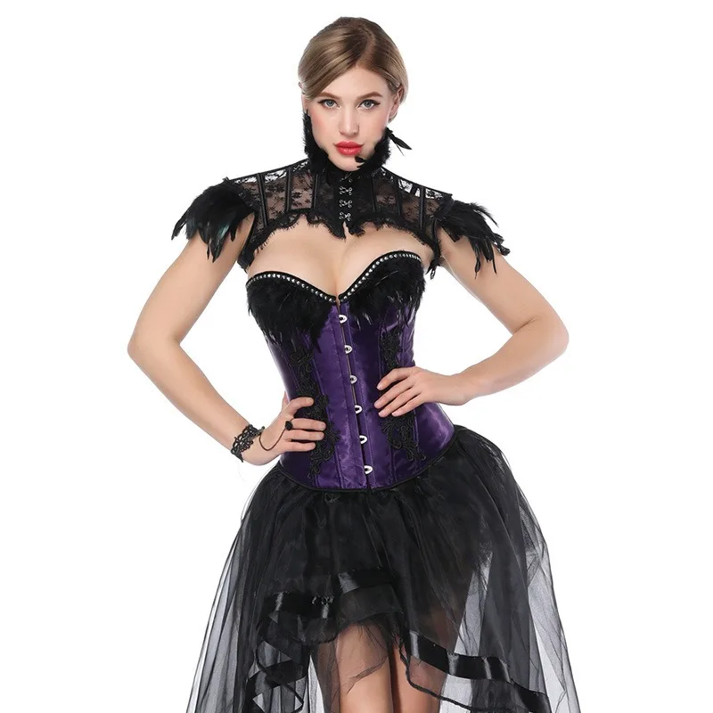 

Sexy Feather Corsets Costume Women Corset Overbust And Skirt Suit Purple