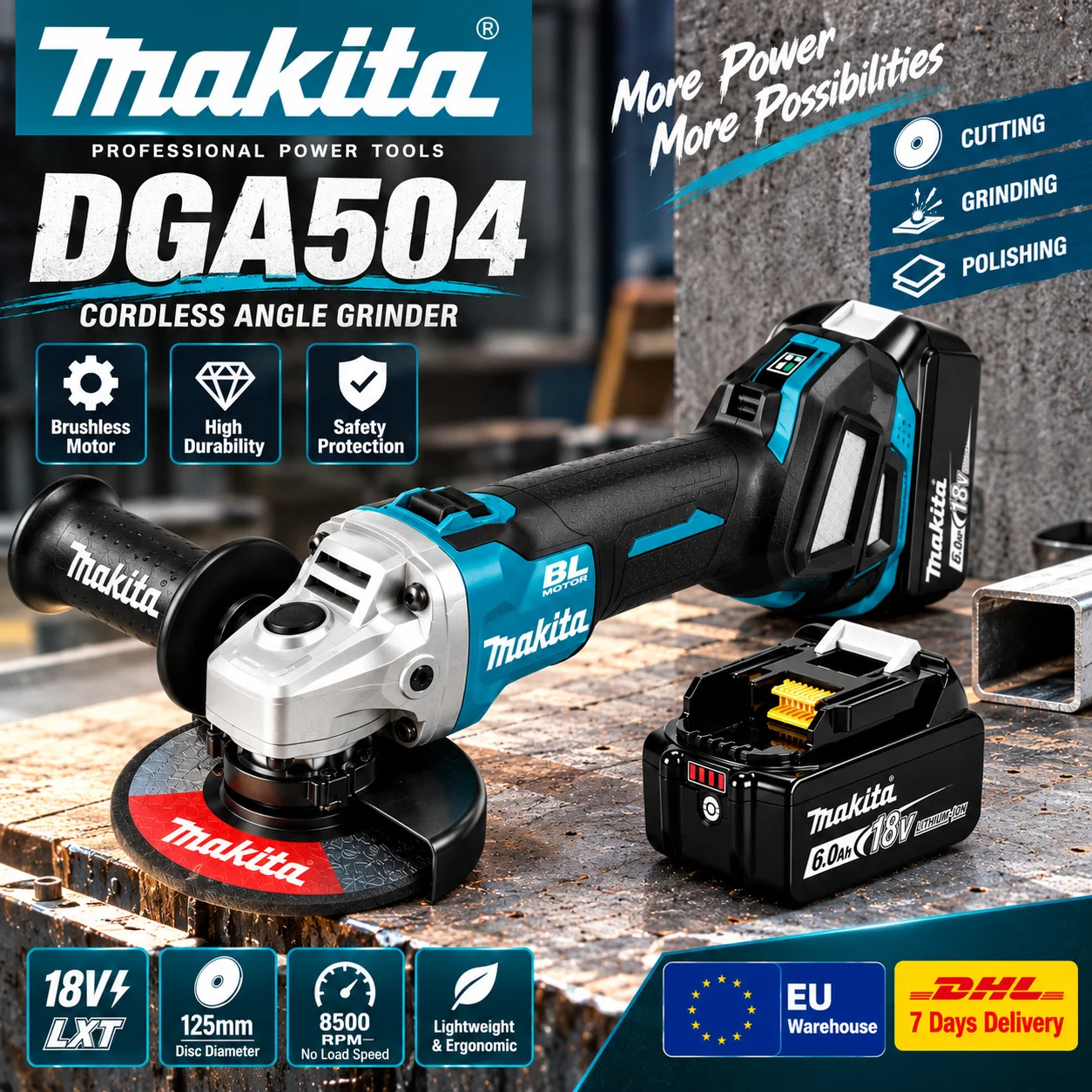 Für Makita DGA504 18V LXT Bürstenloser Akku-Winkelschleifer 125mm 8500RPM mit 6,0Ah Lithium-Akku zum Metallschneiden, Schleifen und Polieren EU-Lager