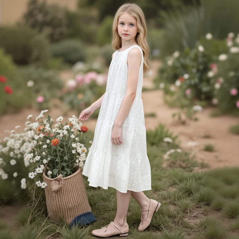 

Girls White Eyelet Tiered Midi Dress Sleeveless Round Neck A-Line Casual Sundress for Kids 6-14Y Breathable Cotton Summer Dress