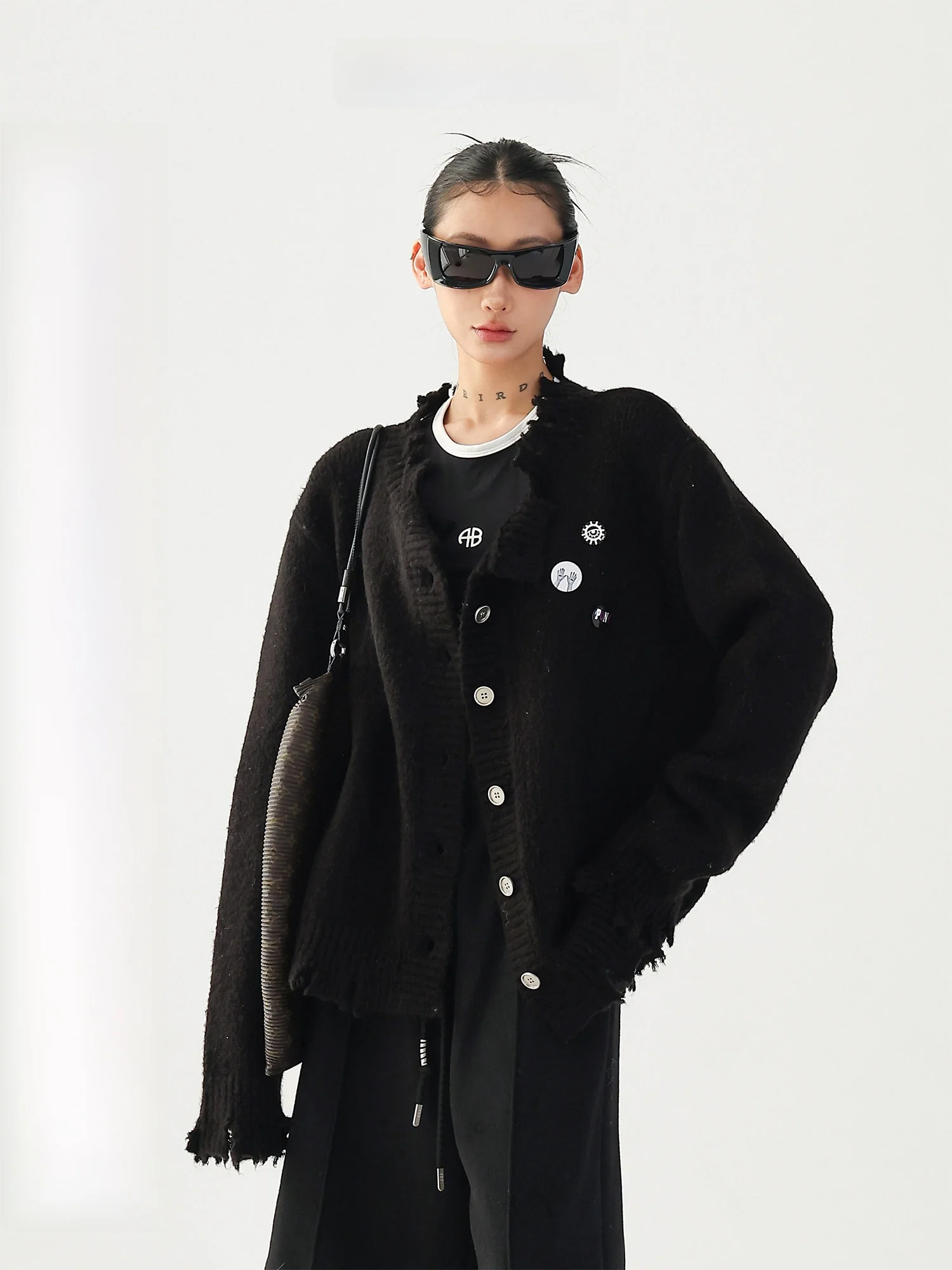 

AceStudios Design Ripped Knit Sweater Jaet American Retro Lazy Sle Loose V-ne Women's Open Cardigan Long Sve Spring