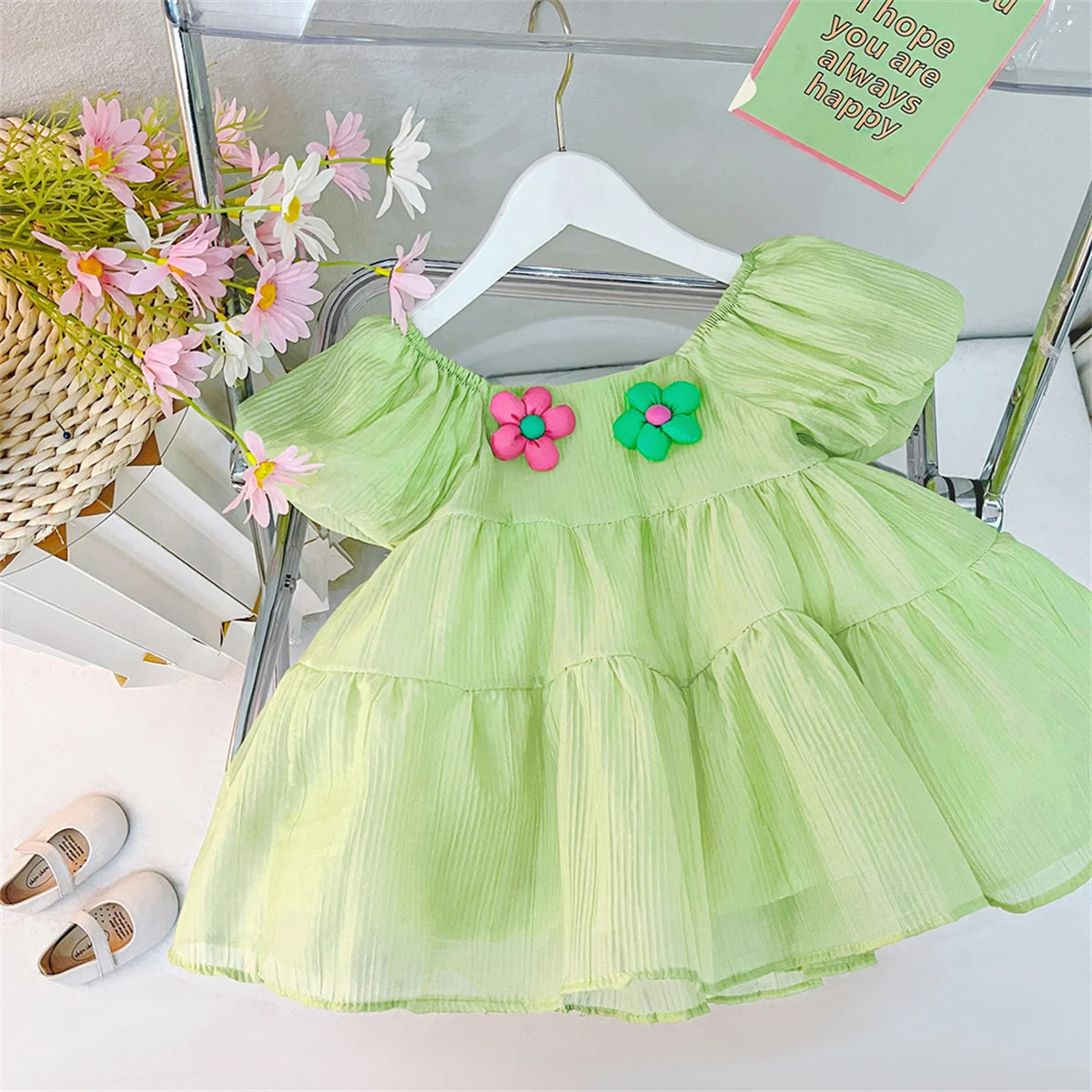 Baby Dress Summer Girl Solid Sweet Clothes Children\'S Birthday Party Flower Short Sleeve Beautiful Skirt