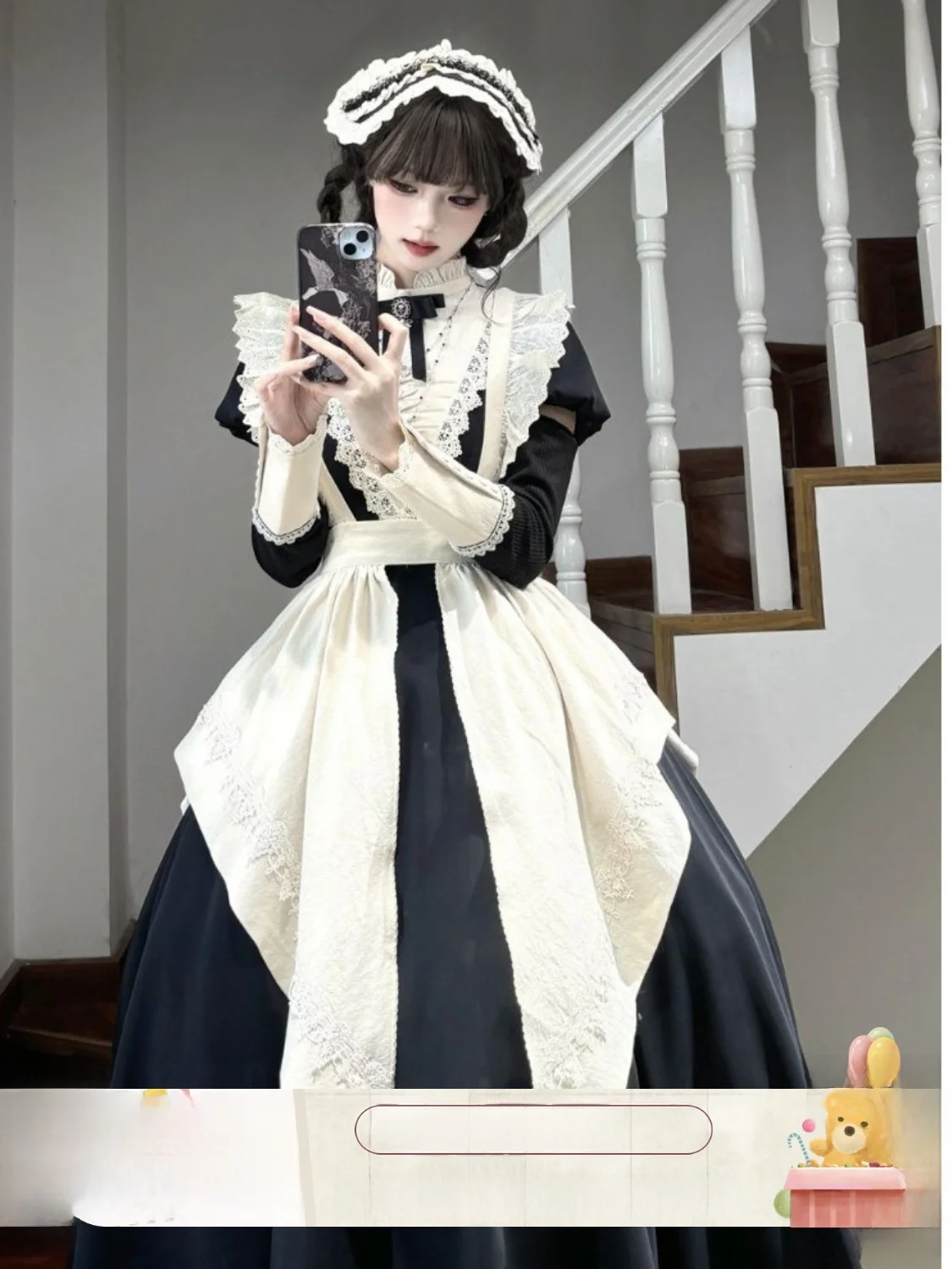 

Dark Series Advanced Spring New Style Lolita Dress Bubble Sleeve Two-Piece Set Maid Uniform Long Sleeve Women's Fashion