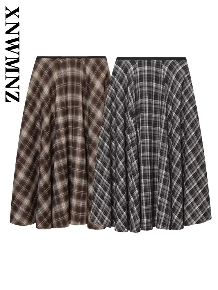 

XNWMNZ 2025 летняя женская клубная праздничная расклешенная юбка миди с принтом на резинке, модная винтажная весенняя женская богемная клетчатая тонкая юбка
