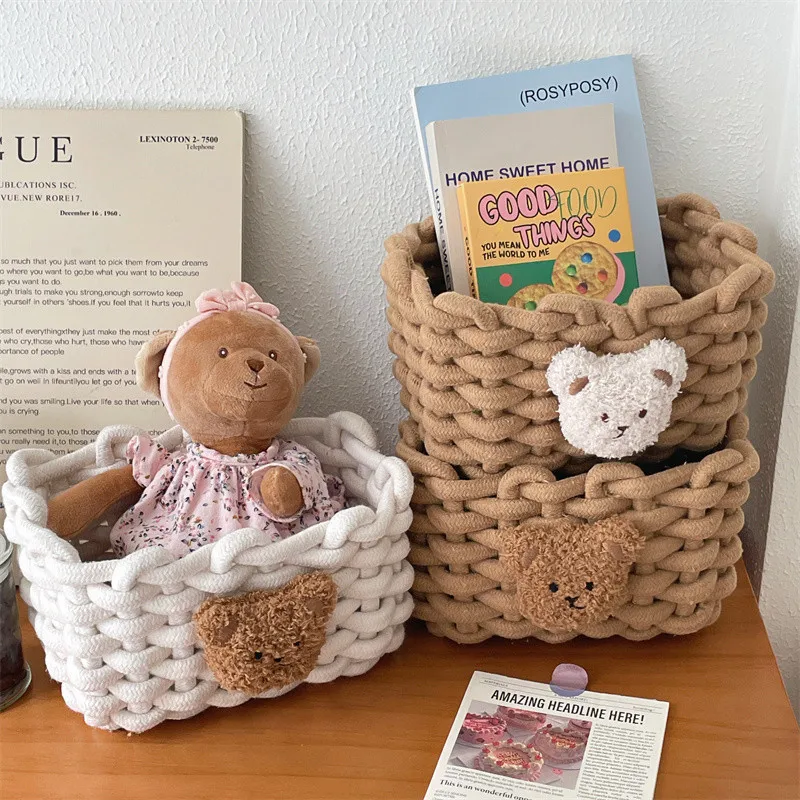 Ins Kawai Desktop Storage Basket Korean Bear Cotton Linen Woven Basket Cute Cosmetics Makeup Sundry Storage Basket Organizer Box