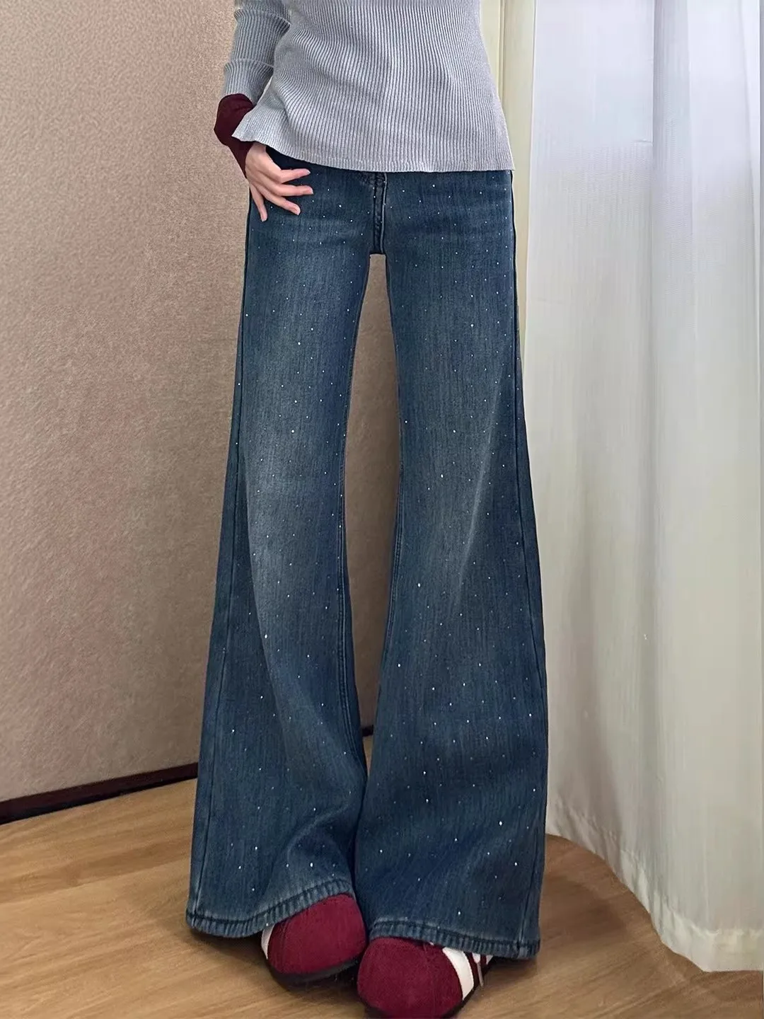 High Waist Bell Bottom Jeans Women's Winter New plus Size Pear Shaped Body Star Rhinestone Micro Flared Denim Pants