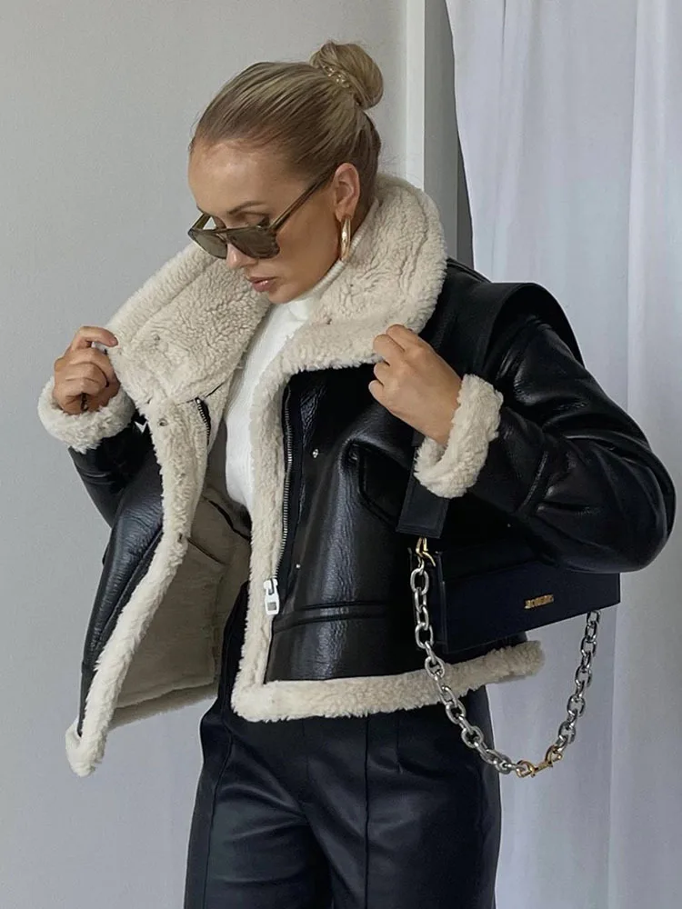 Winter Jackets Women Jacket Coats Faux Shearling Sheepskin Coat Retro Motorcycle Jacket Fleece Woman Short Jackets Outerwear