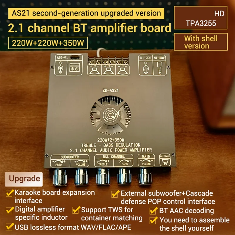 

ZK-AS1 2G 2.1 Channel TPA3255 Bluetooth Digital Power Amplifier Board Module High And Low Tone Subwoofer 220WX2+350W