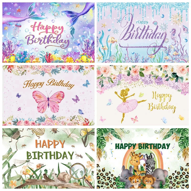 

Happy Birthday Backdrop for Photography Safari Animal Mermaid Butterfly Flower Baby Shower Party Decor Background Customize