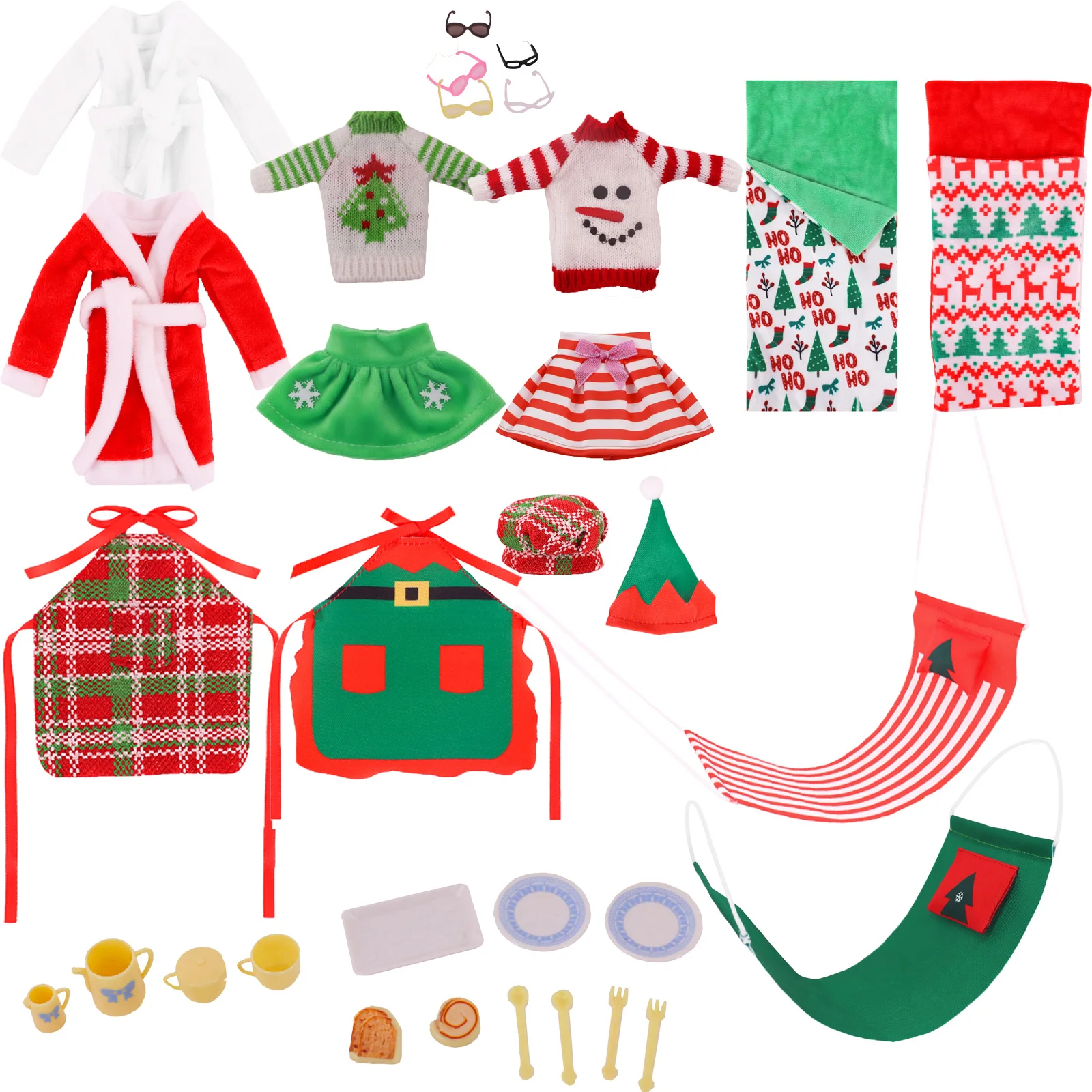 

Christmas FOR Elf Accessories Set, 37-Piece Doll Clothes & Props, Apron Sweater Sleep Bag Robe Mini Utensils Glasses, Kids Gift