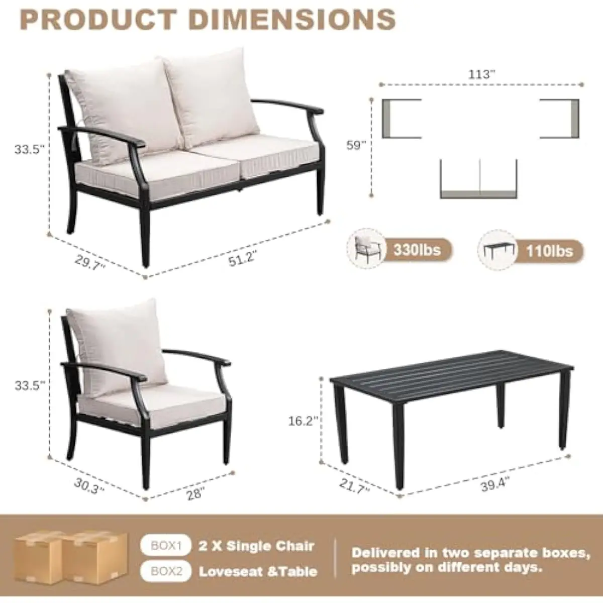 4-Piece Modern Outdoor Seating Ensemble Featuring Elevated Back Support Wide Armless Sofas Thick Resilient Cushions Rustproof Me