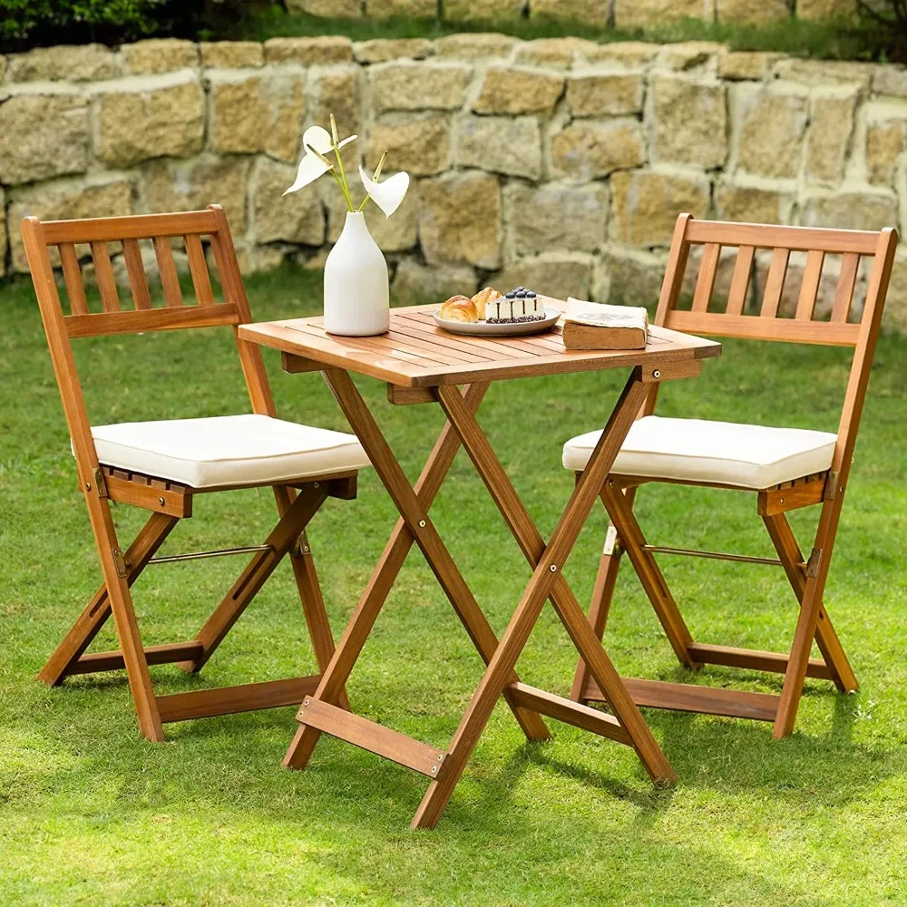 Patio Bistro Folding Sets, 1 Square Table with 2 Cushion Chairs, FSC Acacia Wood, elegance and minimal looks,Foldable design