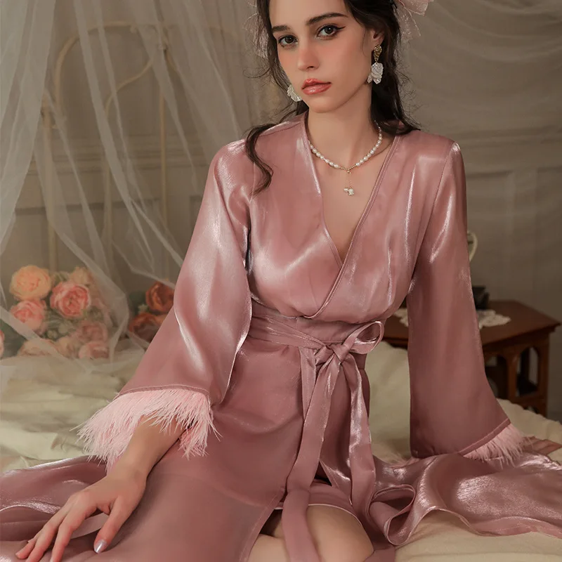 Sexy Feather Sleeve Bathrobe Kimono Loungewear Bride Morning Gown Women Satin Homewear Long Sleepwear Casual Nightwear Lingerie