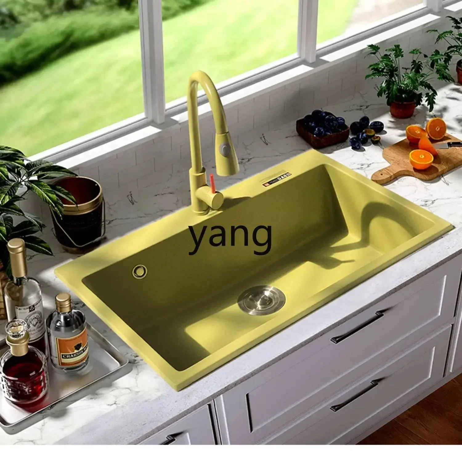 LH1 Kimchi Pepper Green Quartz Stone Large Single Sink Kitchen Vegetable Basin Dishsink Sink
