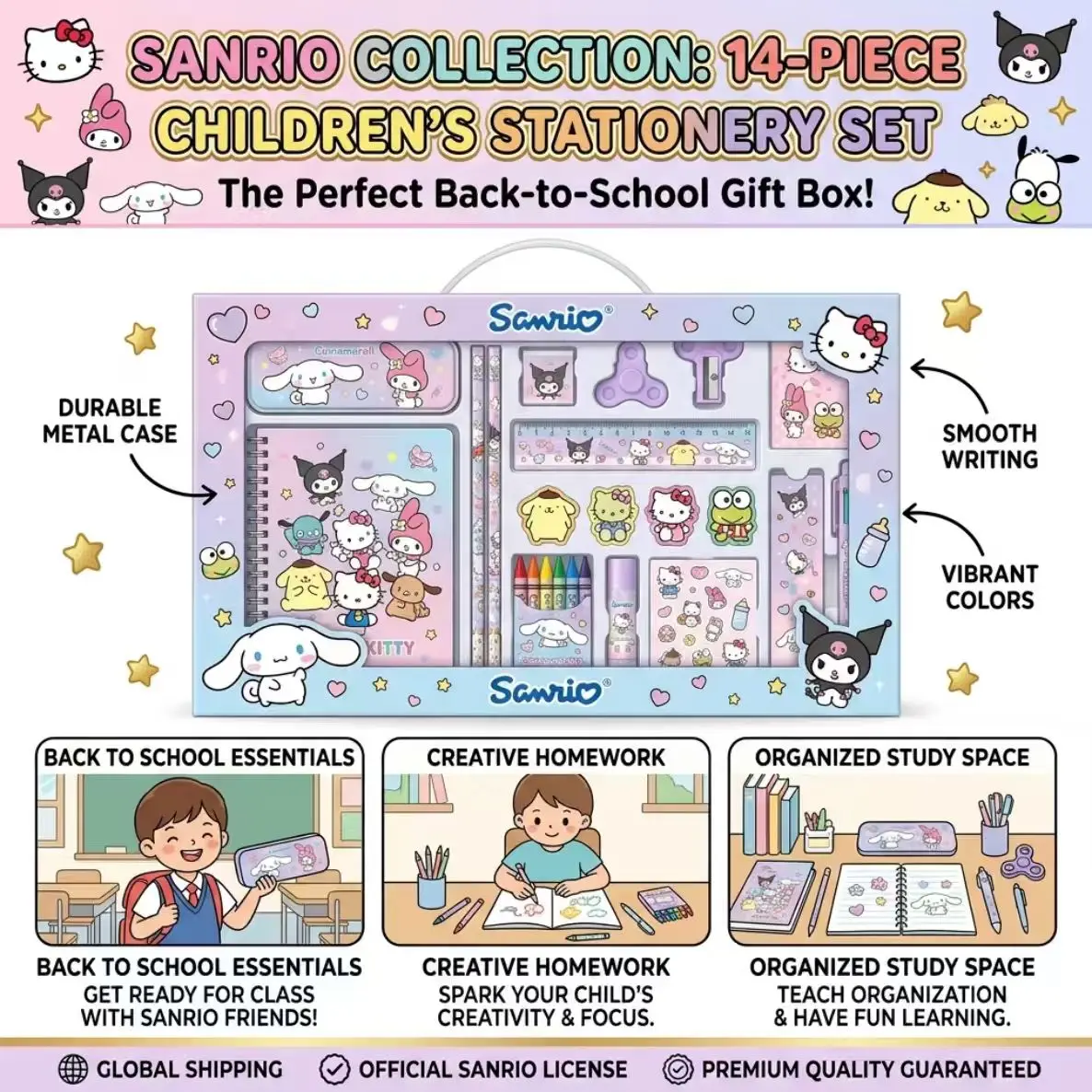 Sanrio 14-Piece Stationery Set, Including Metal Pencil Case, Notebook, Crayons, Ruler, Etc., Children's School Supplies Gift