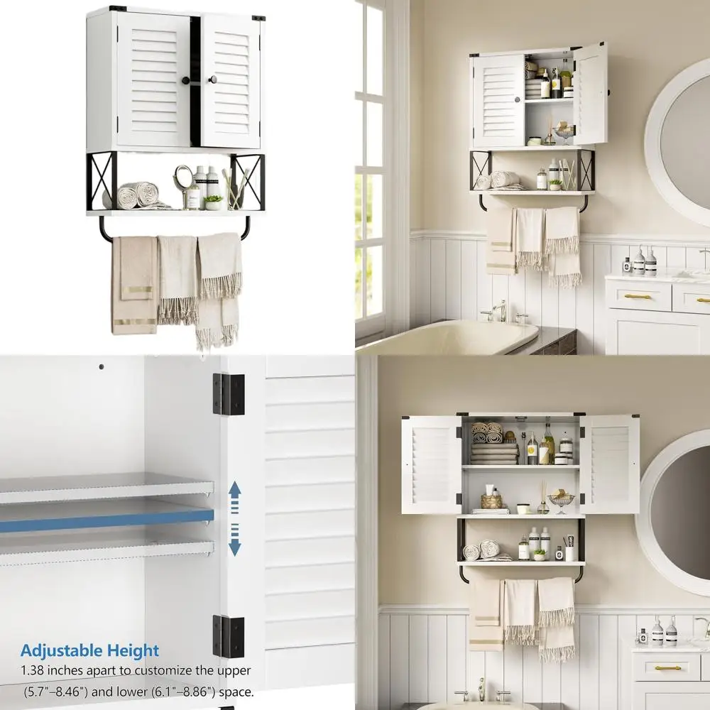 

Medium White Wall-Mounted Medicine Cabinet with Louver Doors and Towel Bar for Bathroom Storage