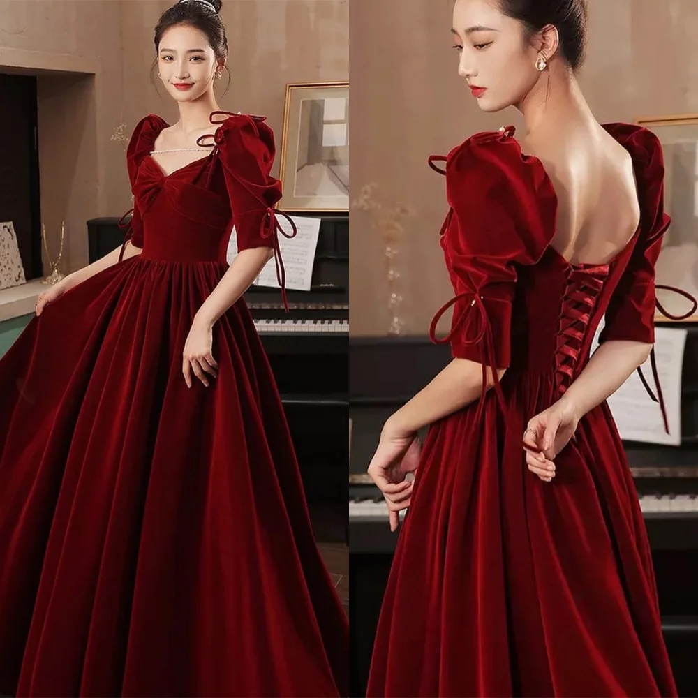 

Customized Exquisite Burgundy Velour Evening Dress Modern Strapless Puff Sleeves Short Sleeves Lace Up Back Homecoming