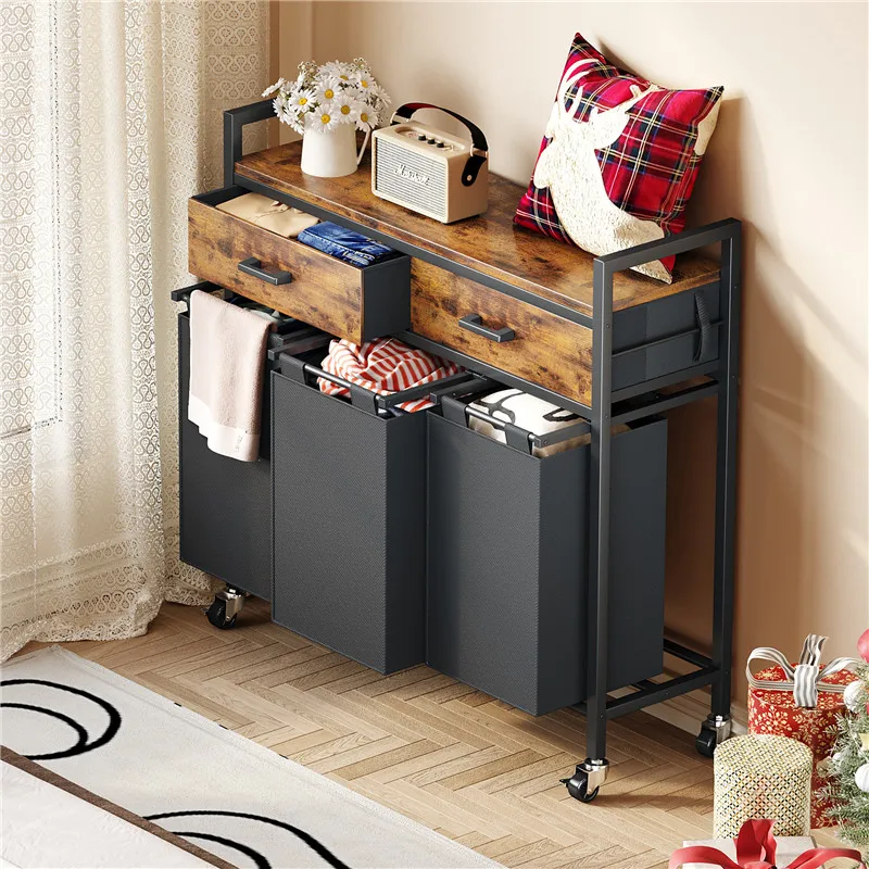 

3 Section Metal Laundry Basket Organizer Removable Oxford Fabric Hamper Shelf with Laundry Bags