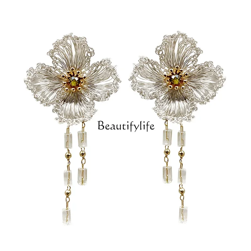 

Original hand-crocheted tassel s925 silver stud earrings female new Chinese mountain plum blossom national style advanced