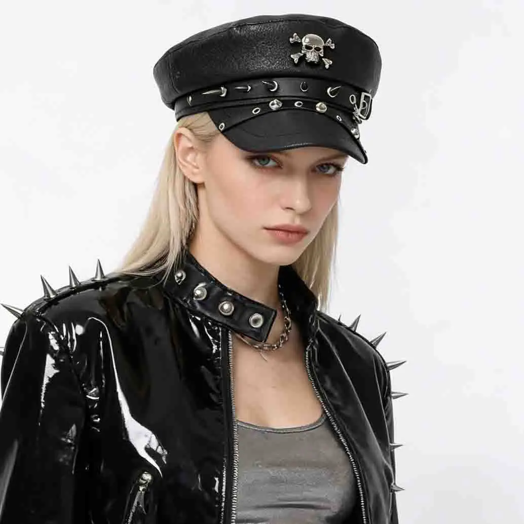 Punk Rock Skull Metal Spike Flat Cap Y2K Gothic PU Leather Newsboy Hat for Women Men Grunge Biker Rave Festival Streetwear