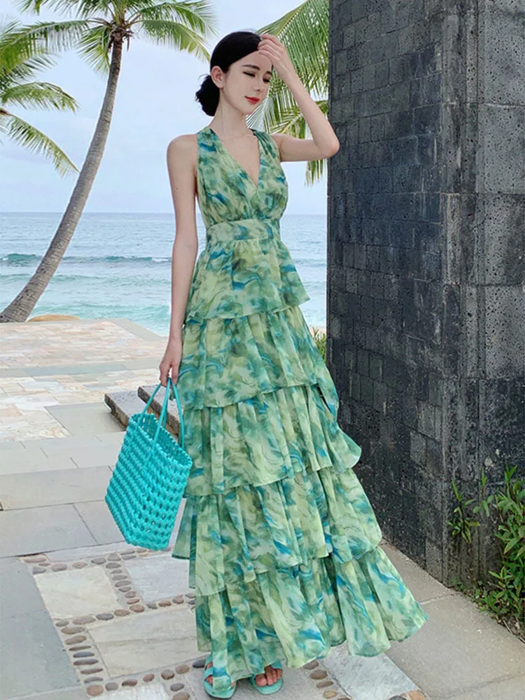 Women Summer Fashion Floral Green Printing Halter Bow Tie Neckline Backless Layered Long Casual Dresses Holiday